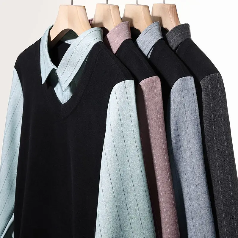 وهمية قطعتين الرجال قمصان بولو بدوره إلى أسفل طوق مخطط المرقعة الأعمال عادية الحرارية طويلة الأكمام مريحة محبوك القمم