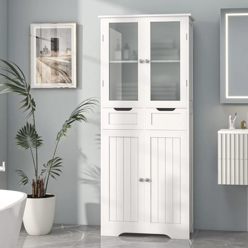 

67" Tall Bathroom Storage Cabinet, Freestanding Linen Cabinet with Glass Doors and Shelves, Large Bathroom Pantry Cabinet with 2
