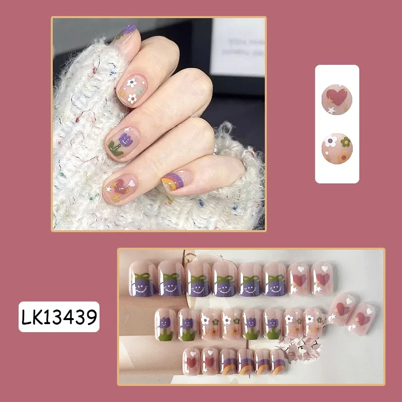 Unhas falsas de cor sólida para meninas, pontas de unhas falsas de cobertura total, prensa de adesivo e acrílico, removível e removível, uso curto, 24 pcs/set