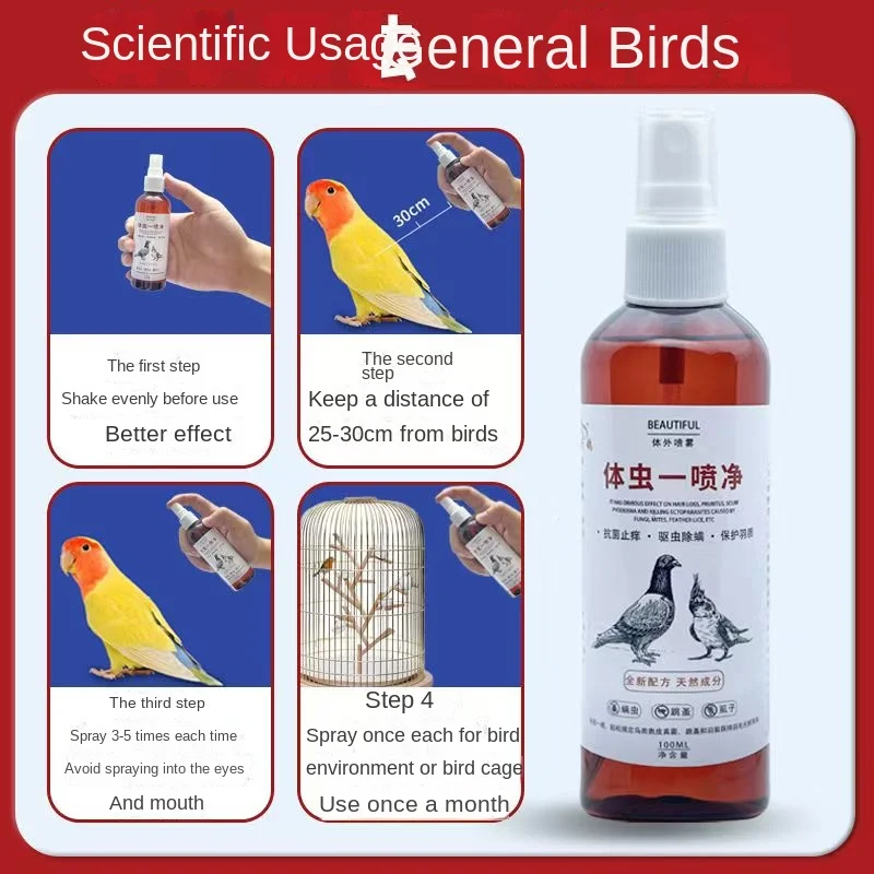 Repelente de insectos para loros, 100ml, spray para insectos externos para pájaros, piojos de plumas de palomas, ácaros, pulgas y productos para pájaros