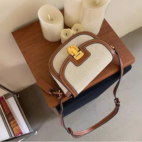 2025 नई कैनवास पैचवर्क पु छोटे वर्ग बैग महिलाओं के लिए, रेट्रो शुद्ध ब्राउन काठी बैग, विषम रंग एकल कंधे crossbody 12 best sales महिलाओं के साइड बैग - №6