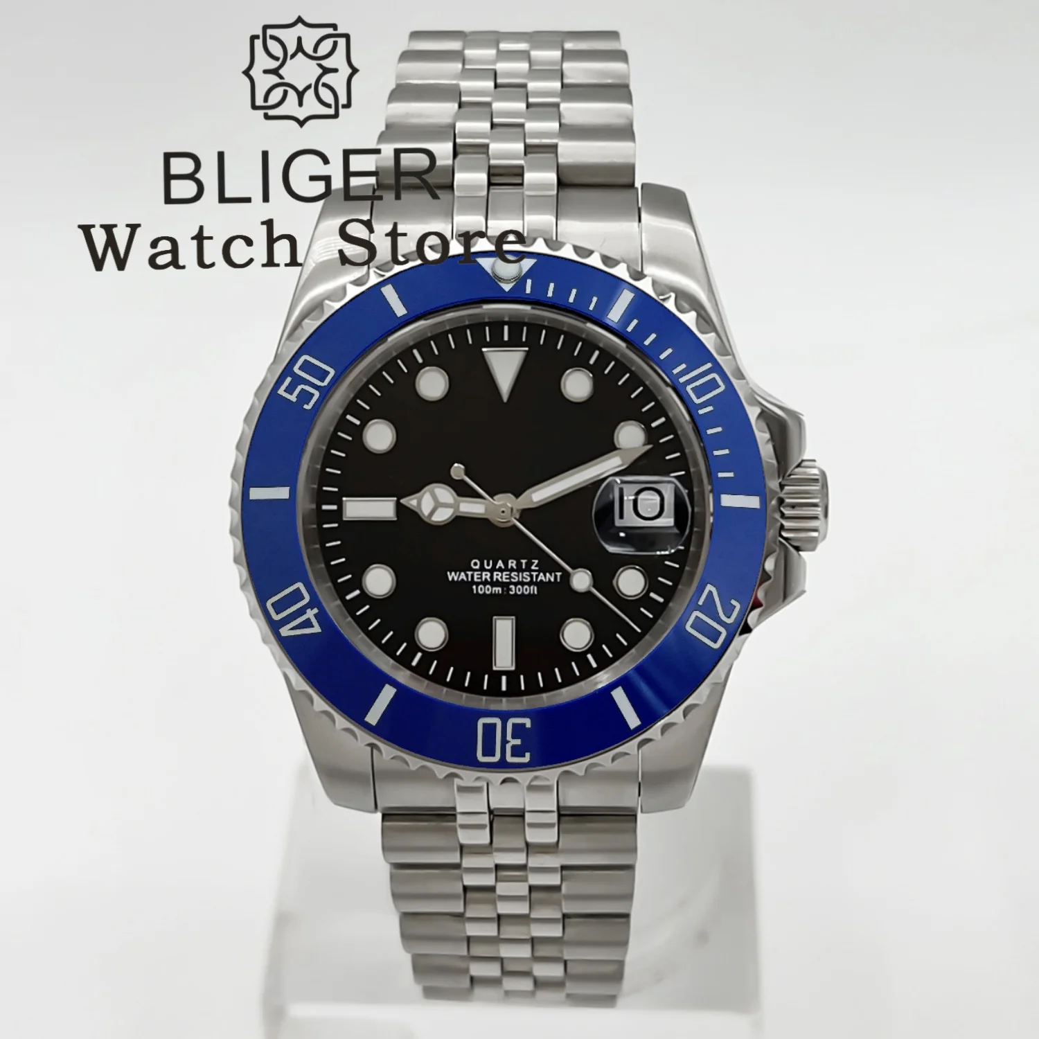 BLIGER Black Dial 40mm Ronda 515 Quartz Dive Watch Men 100M Waterproof Lume Sapphire  Date Stainless Steel Bracelet