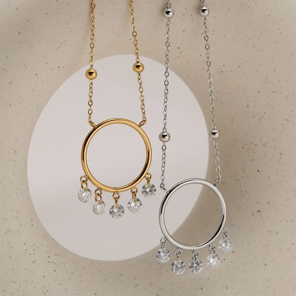 Minimalist Big Circle Shiny Zircon Pendant Neckalce One Piece Gold Plated Round Bead Chain Crystal Choker Waterproof Jewelry