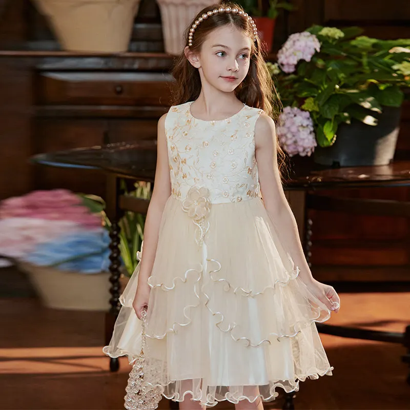 Summer Champagne White pink Baby Girls Wedding Party Dresses Waist Textural Florals Children Clothes Costume prinsessen jurken