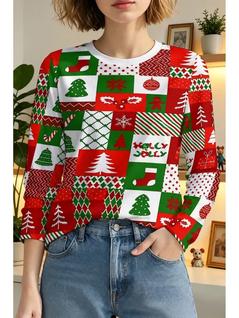 2026 New Autumn Women Shirts Tops Fashion Elegant Long Sleeve O-Neck 3D Print Blouses Streetwear Casual Christmas Female Shirts
