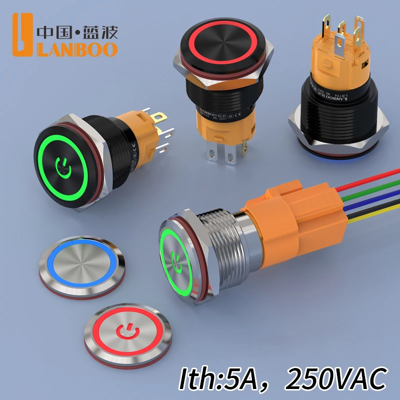 LANBOO LB19A chrome/aluminum oxide black button switch. Momentary or Latching options available. Voltage: 9-24V / 220V