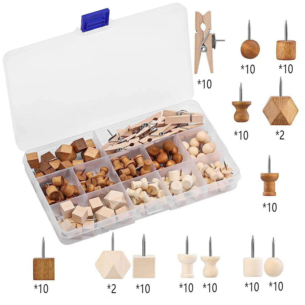 

114 Pcs Decorative Wooden Head Pins in 2 Colors and 7 Types - Thumb Tacks for Bulletin Boards and Crafts, With Storage Box