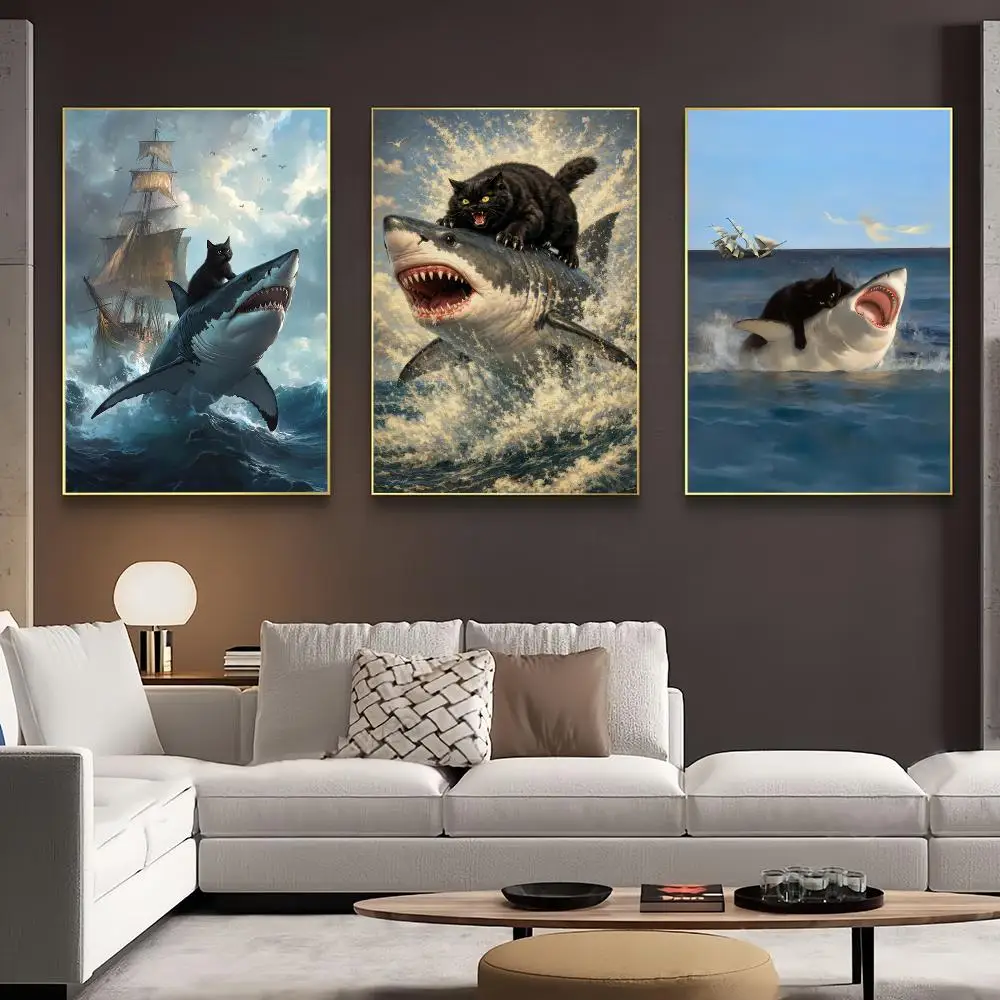 Fat Cat VS Shark Canvas Poster Meme Renaissance Painting Funny Animal Quirky Home Decor Gift Painting Calligraphy