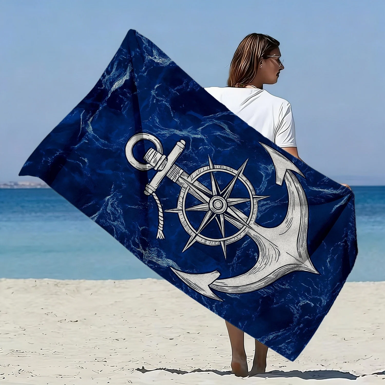 Newest Navy Marble Anchor Compass Nautical Print Microfiber Beach Towel, Quick Dry Marine Style Towel for Sailing Beach