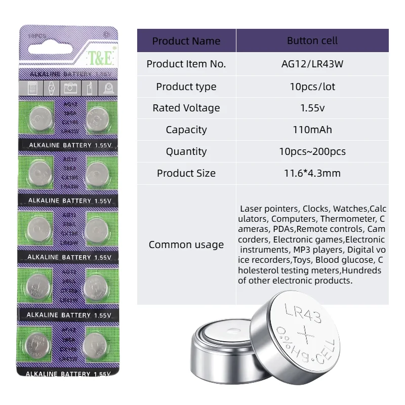 top1.55V 10-200PCS AG12 186 386A RW44 G12A LR1142 Button Batteries For Watch Toys Remote SR43SW AG 12 Cell Coin Alkaline Battery