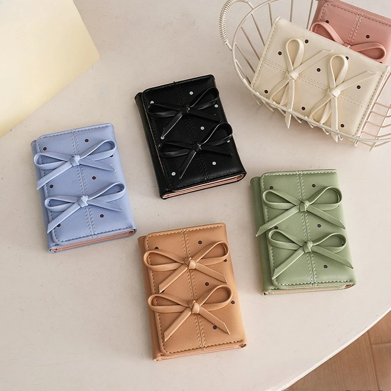 Fashion Wallets Girls Cute Bow Small Wallet Multi Slot Card Holder Three Fold Purse for Women Student Simple Cute Wallet Purse