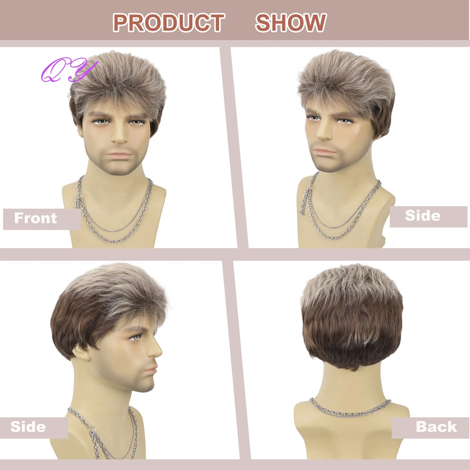 Synthetic Short Brown Flaxen Men's Layered Fluffy Wig With Bangs, High-Quality High-Temperature Fiber Wig For Daily Or Party Use view 3