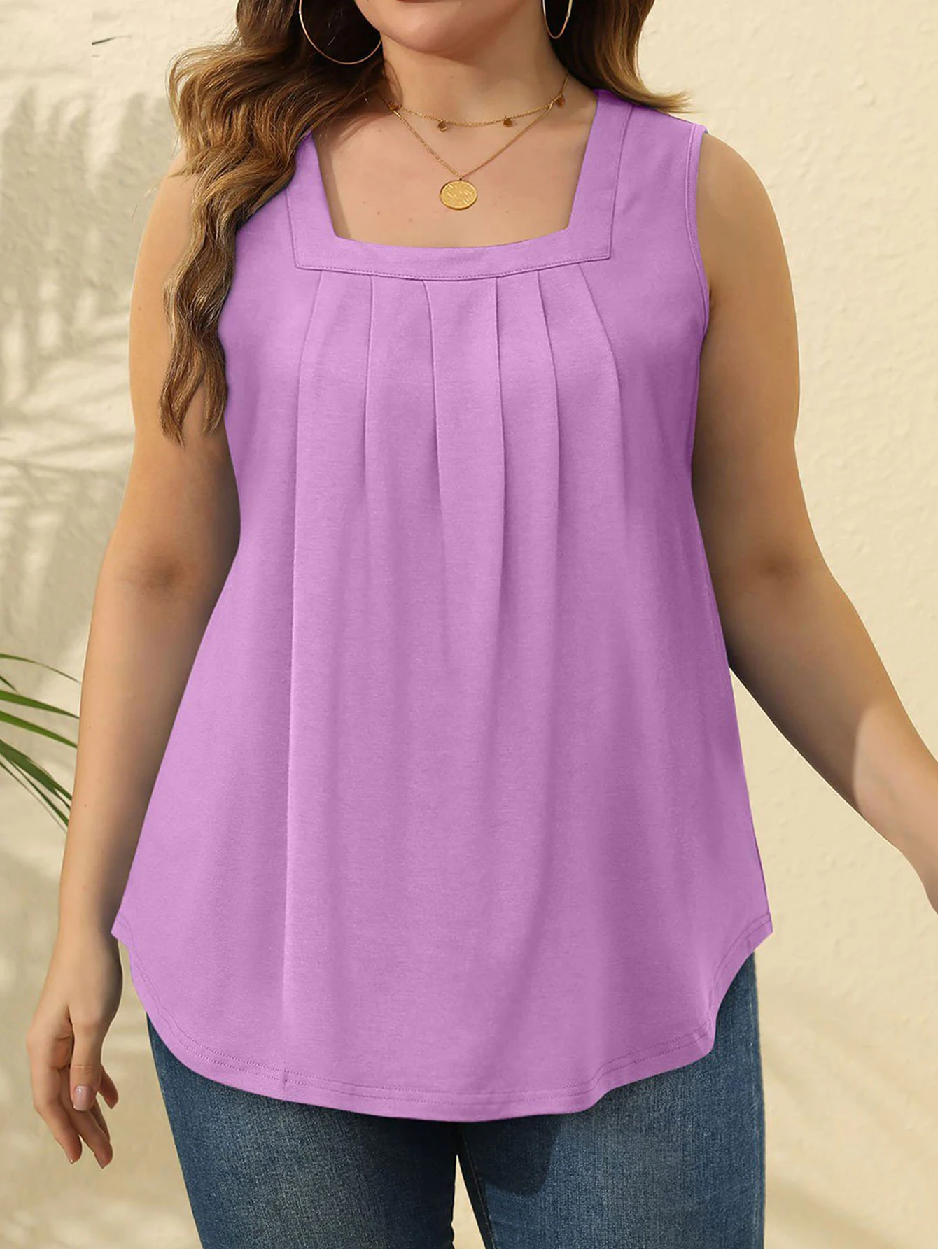 Plus Size Women's summer pleated square neck loose casual solid color sleeveless vest