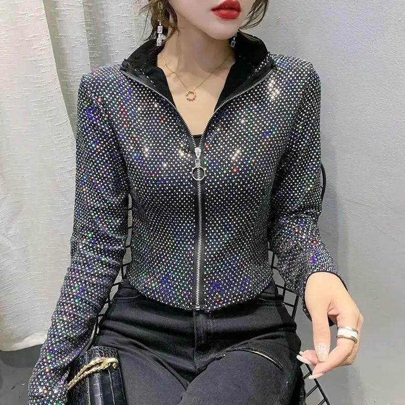 

Shiny Sequins Cropped Jacket Coat Zipper Sweatshirt Women Spring Autumn New Design Cardigan Slim Shirt Long-sleeved Top Coats
