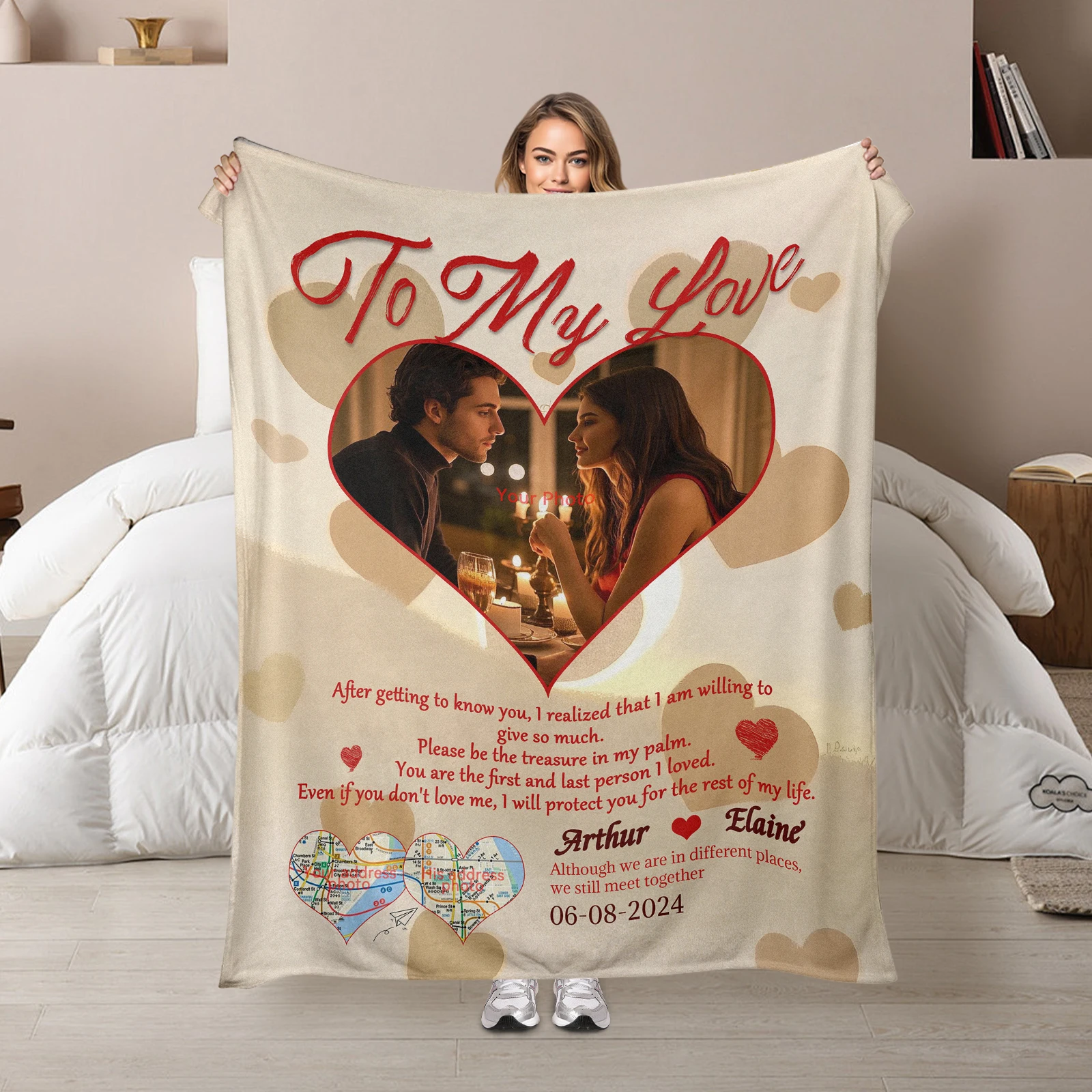 

Valentine's Day Special Flannel Blanket. Customized with 3 Photos, 3 Texts, and Hearts for Couples.