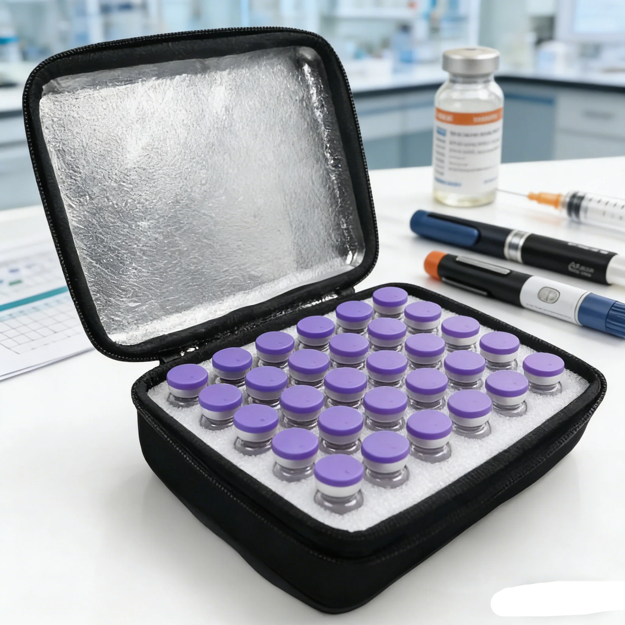Handgehaltener Peptid-Insulinfläschchenhalter mit 35/15 Fächern für Standard-5/10-ml-Fläschchen, bunte Option, Schaumstoffschutz, nur Verkauf des Etuis – Detail 2