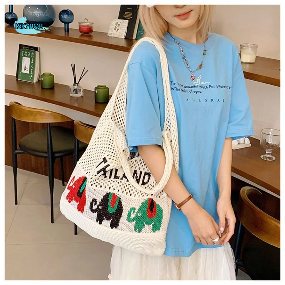 

Повседневная летняя хлопковая сумка через плечо с вязаным узором «Слон» из Таиланда, ажурная вязаная сумка-тоут для женщин