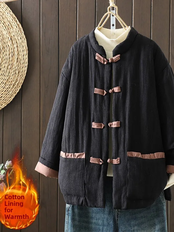 

Хлопковая куртка Thiened с воротником-стойкой и пуговицами для женщин, верхняя одежда в стиле ретро, длинная застежка на одной пуговице