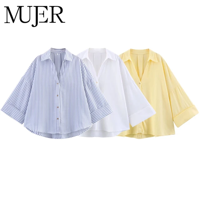 Muyer listrado camisa feminina branca solta camisas casuais para mulheres verão botão acima camisas e blusas mulher manga larga senhoras topo