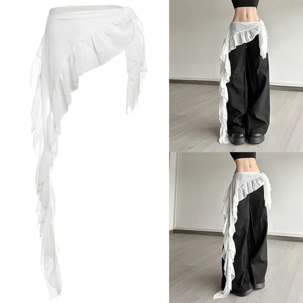 Celana Jeans Dekorasi Rok Mini Renda Tidak Beraturan Rok Ruched Harajuku Tembus Pandang Rok Ruffles Berenda Pinggang Tinggi Desain Bertali