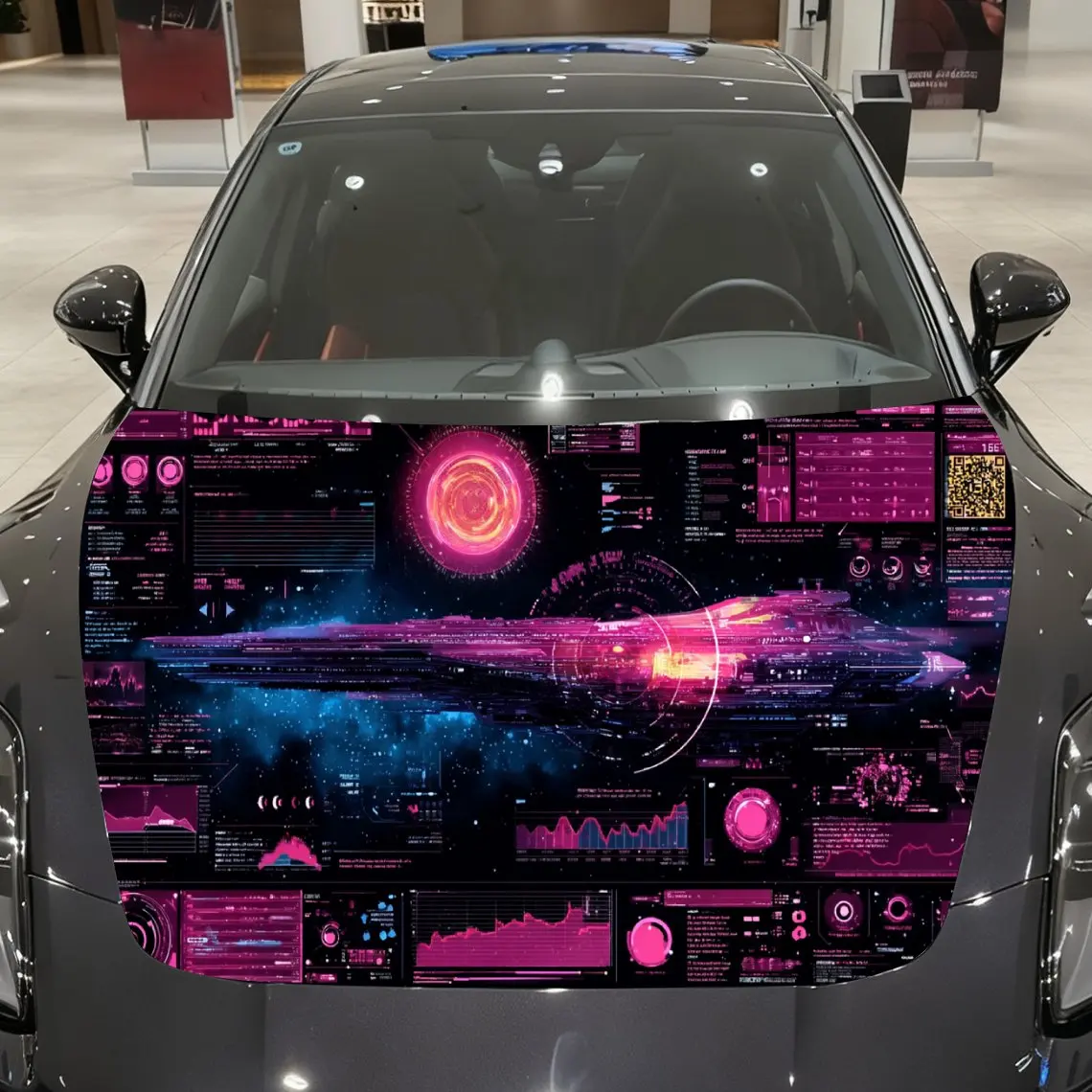 Cyber Pink-Purple Starship Console Car Vinyl Wrap, PVC Material Waterproof Car Hood Sticker, Self-Adhesive Scratch-Resistant Sti