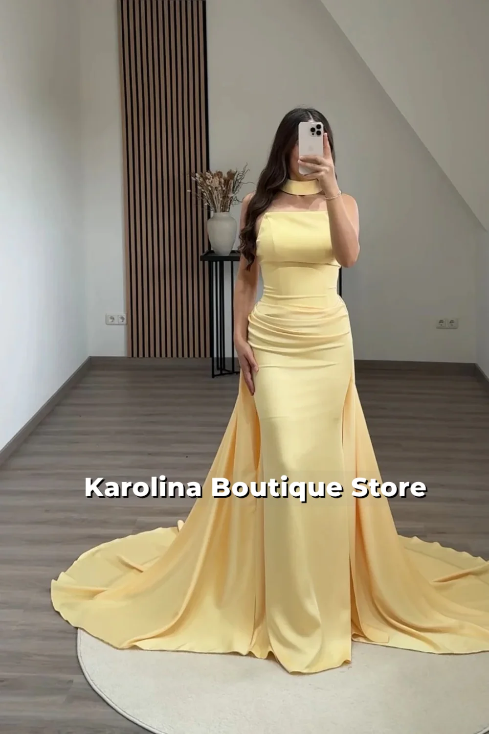 

Customized Yellow Muslim Evening Dress 2026 Elegant Pleats Satin Arabic Prom Dress Wedding Party Gown Robes De Soirée