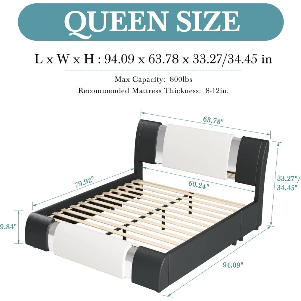 Modern Queen Faux Leather Bed Frame with Iron Pieces Decor, Low Profile Platform Bed with Height-Adjustable Headboard, So - Detail 1