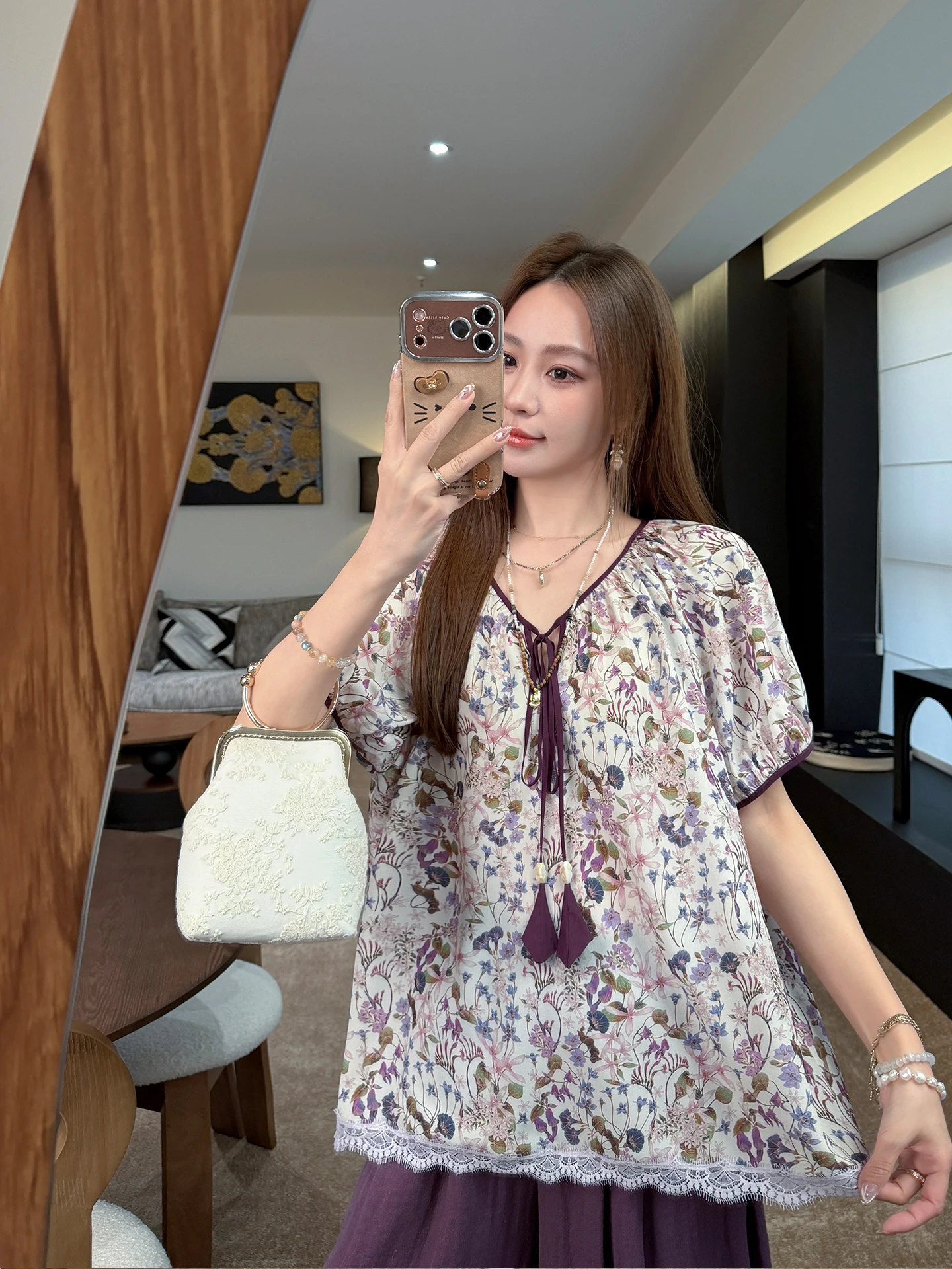 

Zhang Sheshi 2026 Summer "Purple Language Robe" Floral Print Sash Top Women's Breathable Lightweight Short Sleeve round Neck ...
