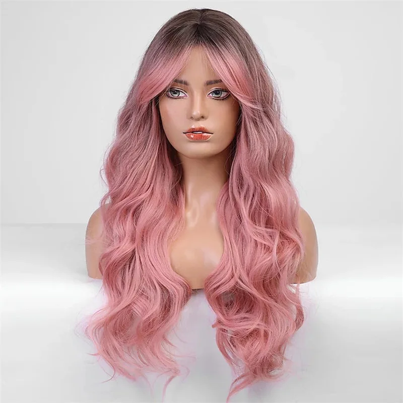 Long curly hair wig with middle parting, wavy bangs, corn perm, light vine color, water wave pattern, European and American styl