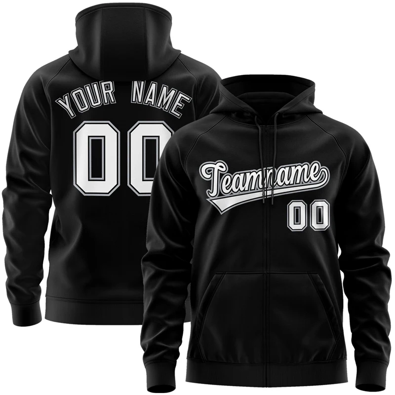 Custom Zipper Black Hoodie Jacket for Men/Youth Stitched Text Logo Personalized Hip Hop Full-Zip Sweatshirts