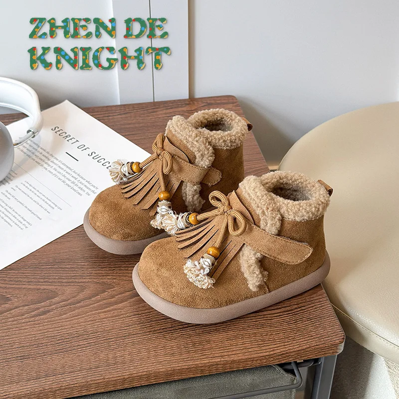 

Зимние детские теплые туфли принцессы, новинка 2025 года, модная хлопковая обувь на флисовой подкладке с кисточками для девочек