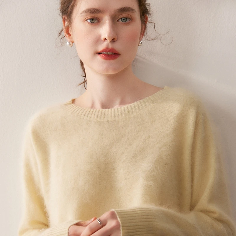 

Autumn/Winter New Women's 100% Pure Cashmere Pullover Casual Solid Knitted Sweater Loose Plush Round Neck Tops Thick Jumper