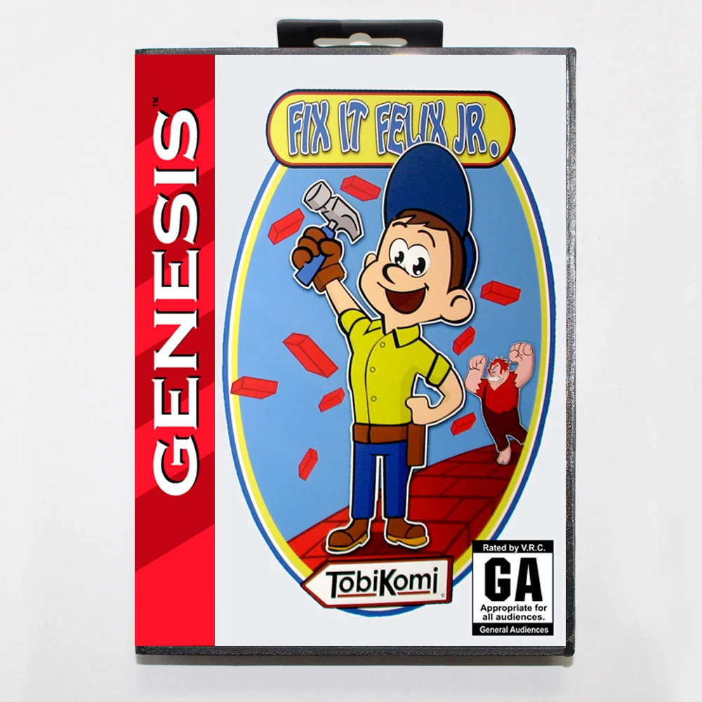 Fix It Felix Jr MD Game Card with Custom US Box for 16 Bit Sega Megadrive Genesis Console