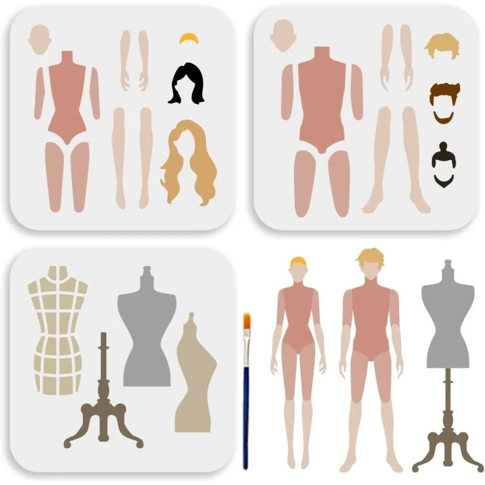 3-Pack Man Women Model Figure Stencil Set - 6x6 Inch Reusable Hairstyle Design Templates for Art Studio Mannequin Decor