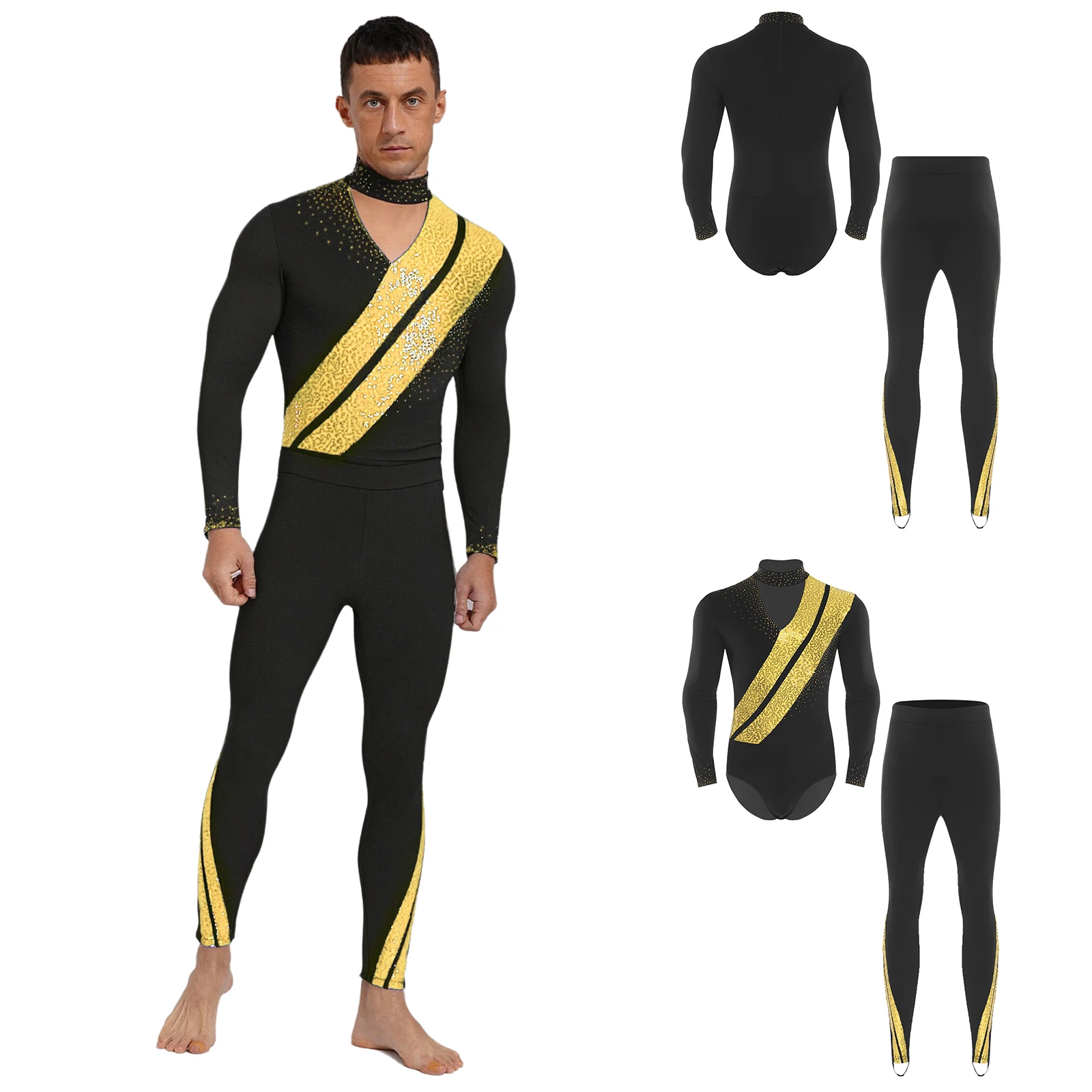 Men Lyrical Slim Fit Figure Skating Dance Performance Leotards with Stirrup Legging Pants for Ballet Latin Acrobatics Dance Wear