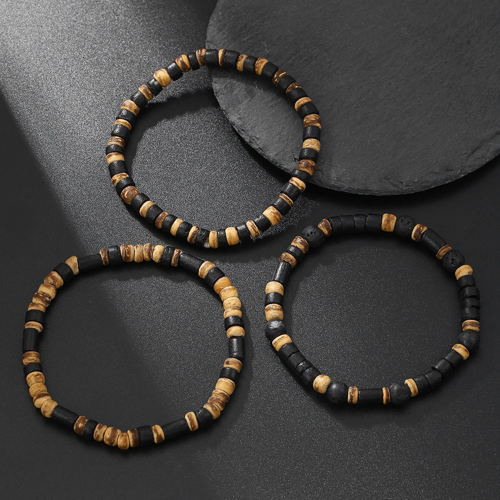 3Pcs Retro National Style Bohemian Holiday Style Coconut Shell Wood Chip Bracelet Three-Piece Men's Handmade Matching Bracelet image 4