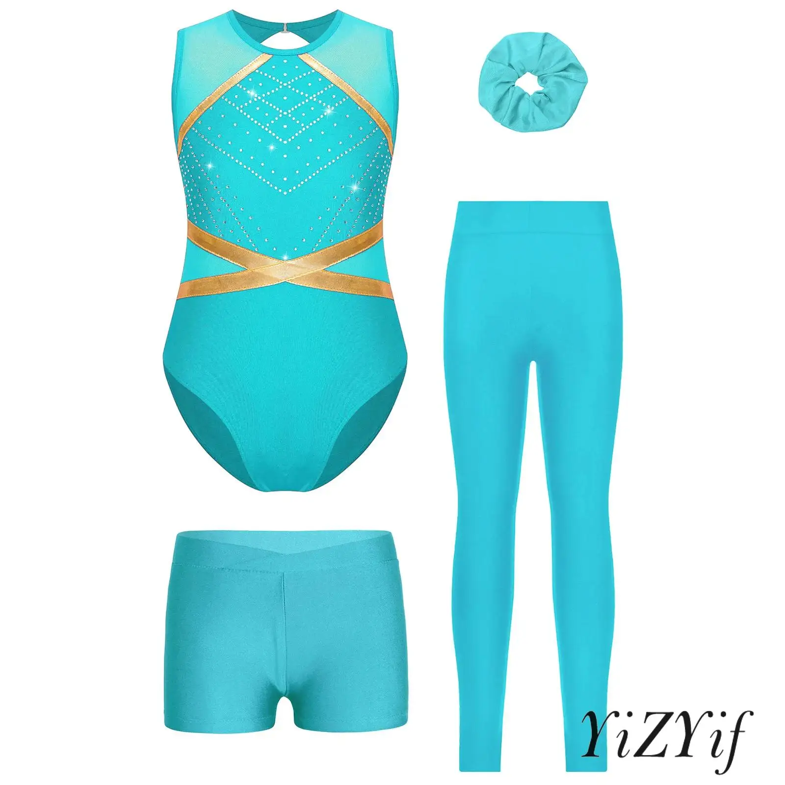 

Kids Girls 4Pcs Gymnastics Figure Skating Dance Outfits Sleeveless Glittery Rhinestones Ballet Leotard+Shorts Leggings+Headwear