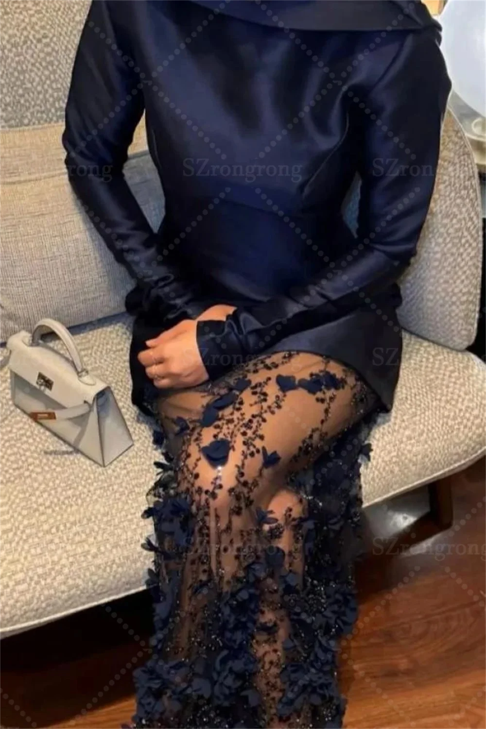 Op maat gemaakte zwarte O-hals lange mouw satijn hoge kwaliteit avondjurk 3D bloemen kant Dubai Arabische jurk maxi lengte voor dames