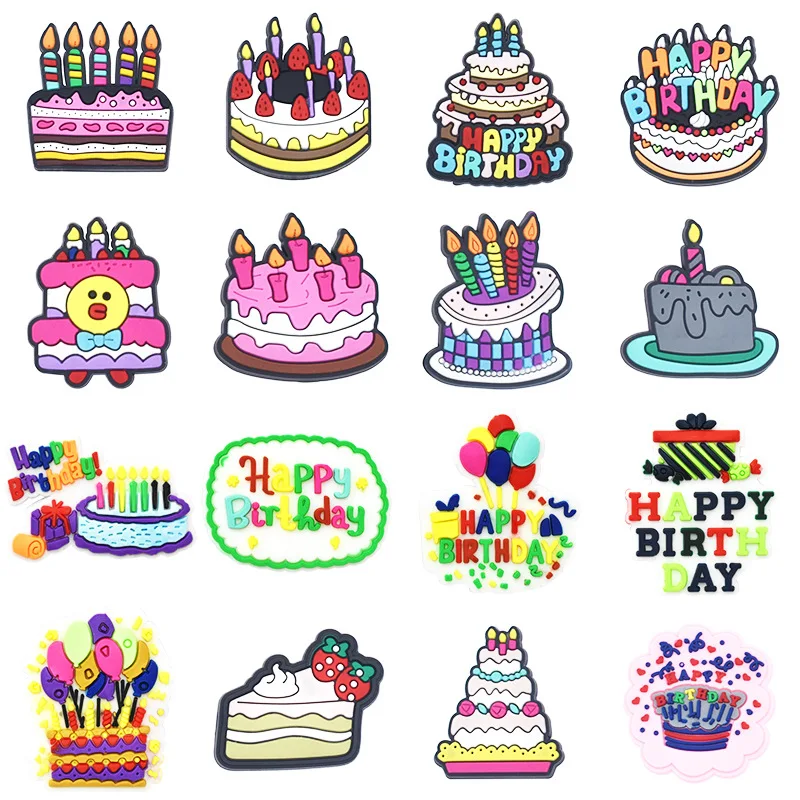 1-16pcs Birthday Cake Series PVC Shoe Charms for Bubble Slide Sandals Accessories Shoe Buckles Decoration Fits Birthday Gifts