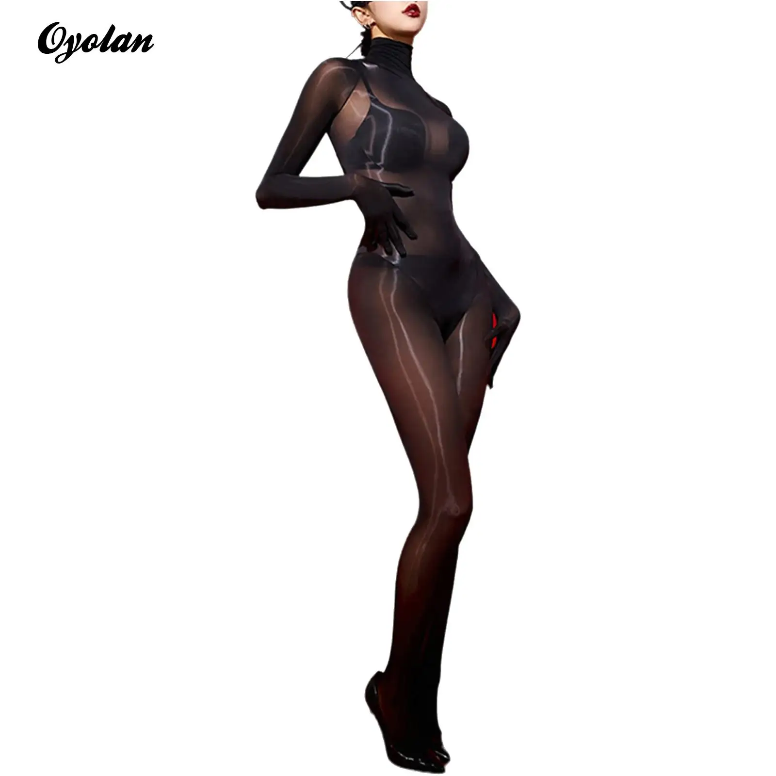 

Womens Full Finger Gloves Back Zipper Full-body Bodysuit Lingerie Unitard Nightwear Sexy Bodystockings See Through Jumpsuit