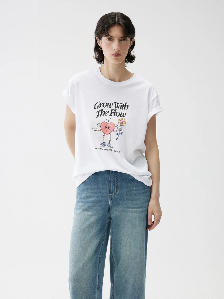 

White ort Sve round Ne T-irt Women's Summer New Sle Casual Love Print oulder Length Cotton Polyester Blend