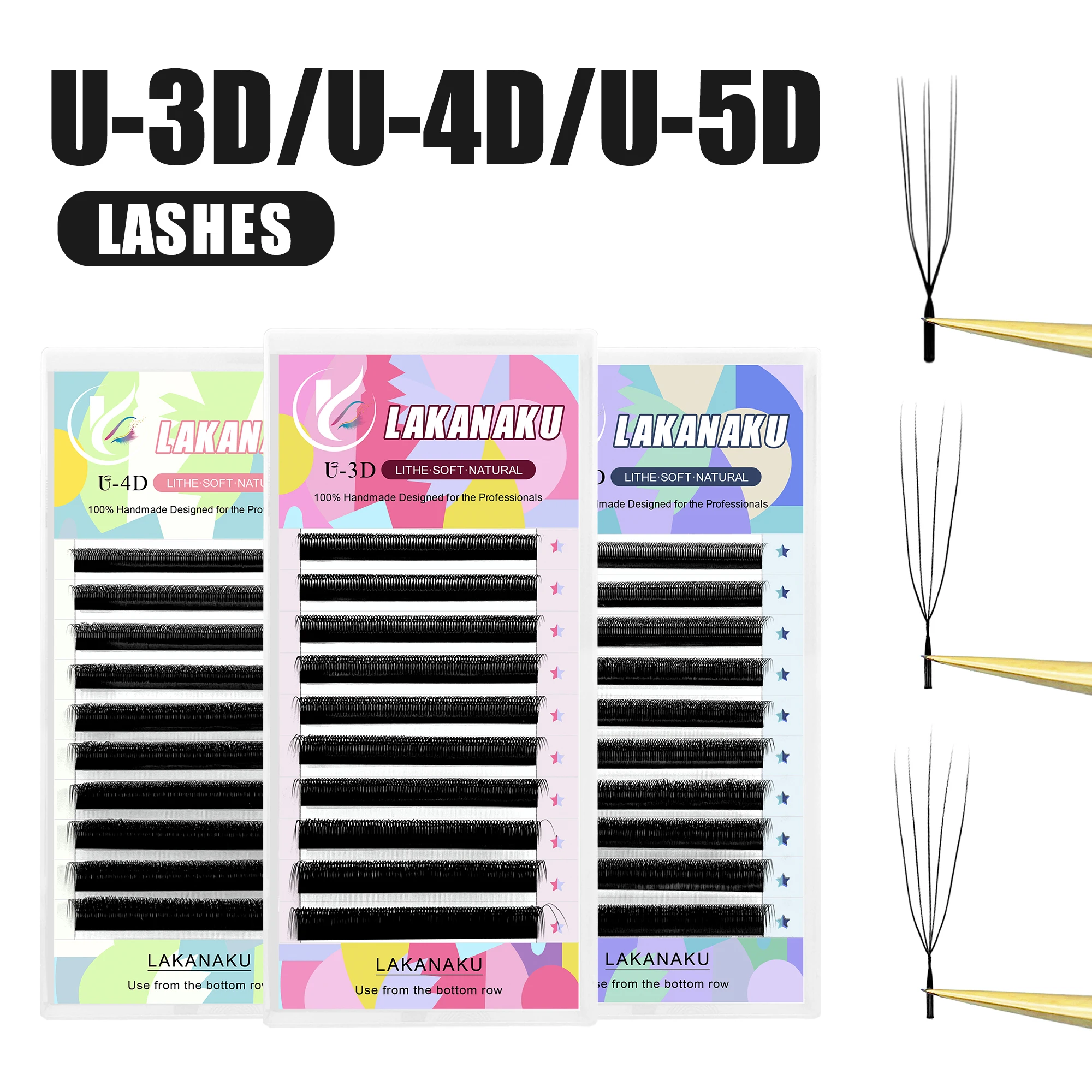 LAKANAKU U-shaped 3D 4D 5D Eyelash Extension Fiber Nartural Mink False Eyelashes Premade Volume New Style U Shape W Bloom Lashes