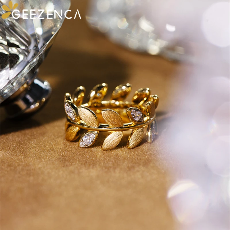 GEEZENCA 925 Sterling Silver Wheat Pattern 5A Zircon Rings For Women 18K Gold Italian Craft Chic Luxury Ring 2024 New Gift