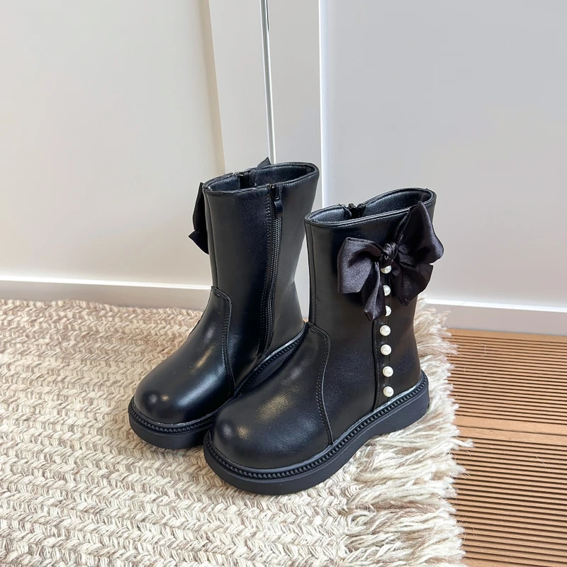 Girls Mid Calf Boots Bow Pearl Decor Side Zipper Kids Fashion Boots Non-Slip Toddler Shoes for Autumn Winter Outdoor Daily