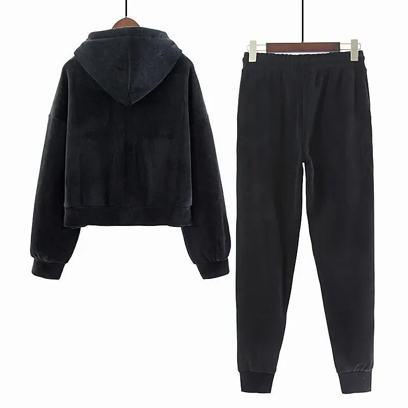 Women Velvet Tracksuit Zipper Hooded Sweatshirt and Sweatpants Solid Color 2 Piece Set Autumn Winter Warm Casual Female Suit