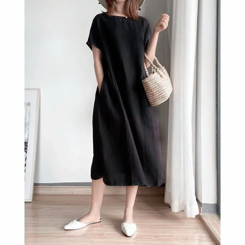 Fashion O-Neck Solid Color Folds Short Sleeve Casual Dresses Women's Clothing 2024 Summer New Oversized Loose Long Dress image 5
