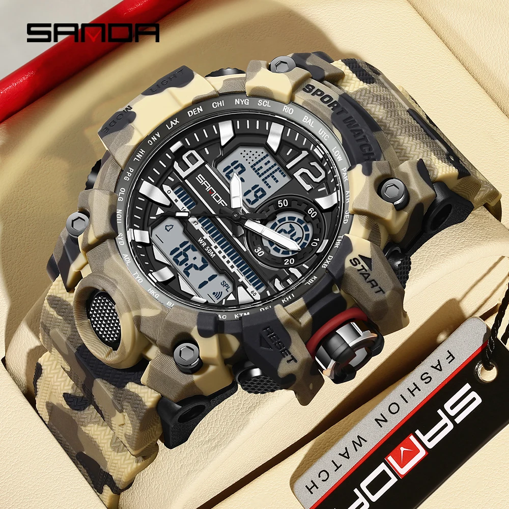 Orologio digitale a LED sportivo da uomo SANDA orologio al quarzo simulato a doppio schermo impermeabile Camo orologio da uomo con temporizzazione militare