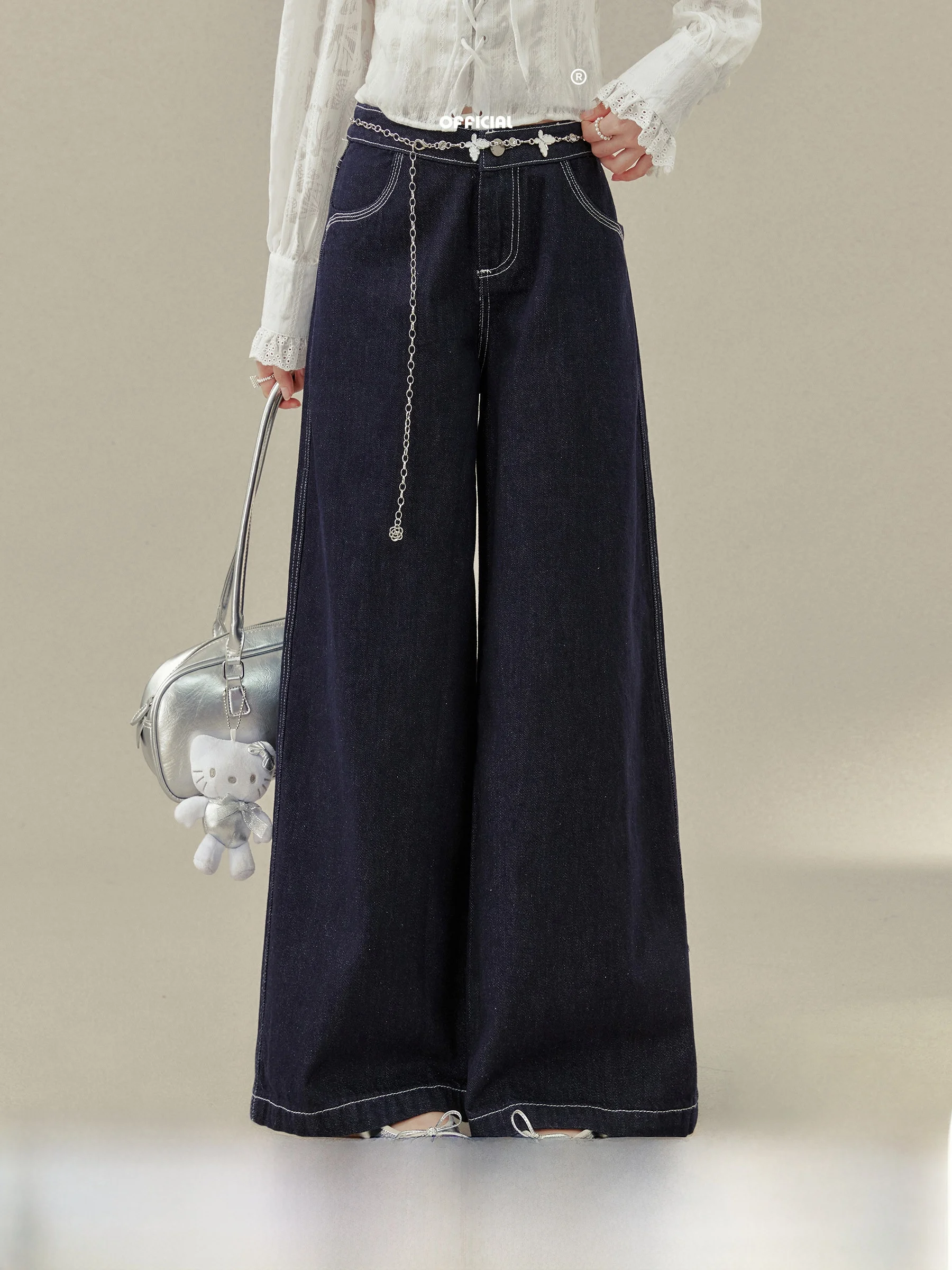 

Deep Blue High Waist Wide Leg Straight Jeans Women's Loose Fit Design Sensation High Elastici Spring Season Ladies Jeans