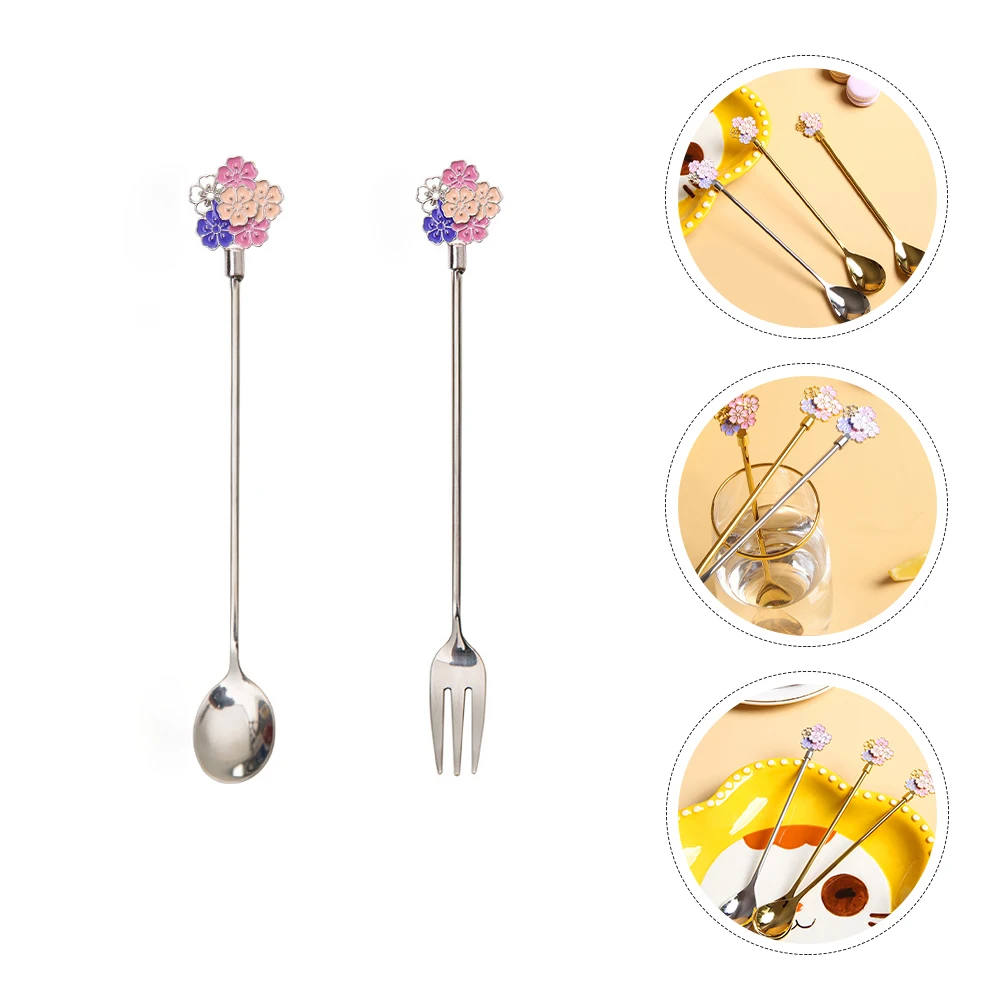 

2Pcs Cherry Blossom Spoon Dessert Fork Tableware Japanese Coffee Stainless Steel Kitchen Supplies Wear Resistant Anti Rust Safe