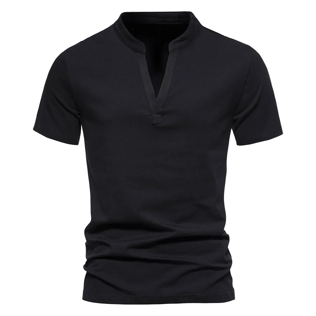 MRMT 2026 Brand New Men's T Shirt Deep V-Neck Short Sleeve T-Shirt For Male Elastic Bottom Tops Small Standing Neck T-Shirt